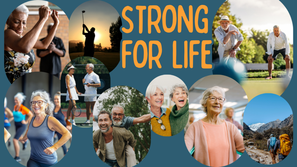 Picture of numerous older adults living a healthy, happy and active life. Strong For Life Health Assessment.