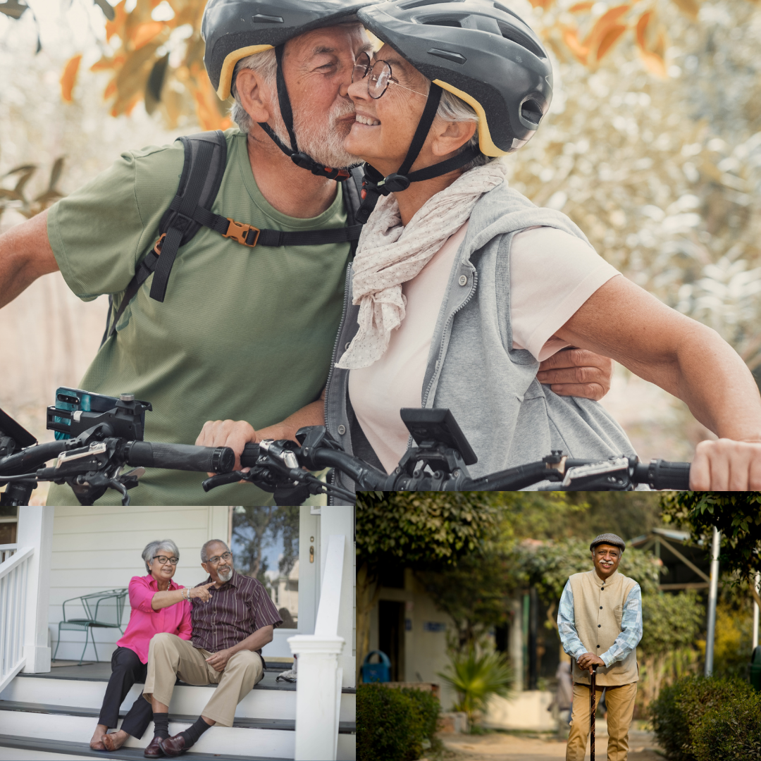 People with spinal stenosis out and about enjoying life. Exploring on bikes, walking with a stick and sitting enjoying the view and a rest.