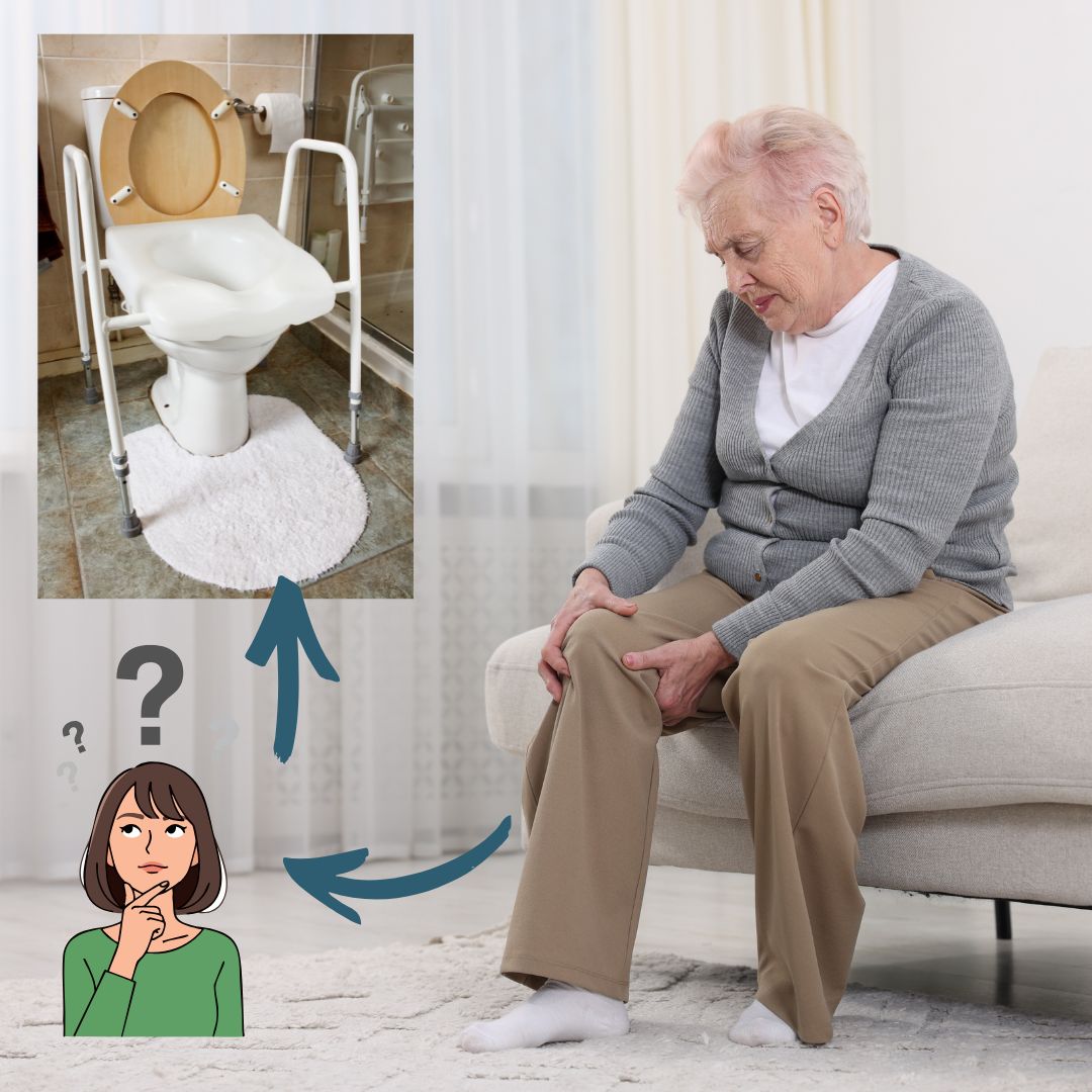 lady with painful arthritic knee wondering if a raised toilet seat would help.